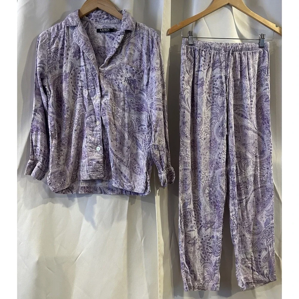 Ralph Lauren Pajama Set Sleepwear Paisley Purple Embroidery Logo Pocket READ MOR